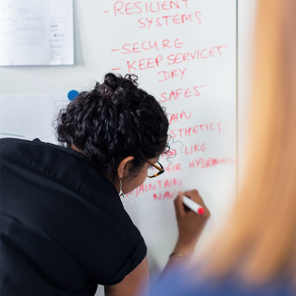 Woman writing on whiteboard